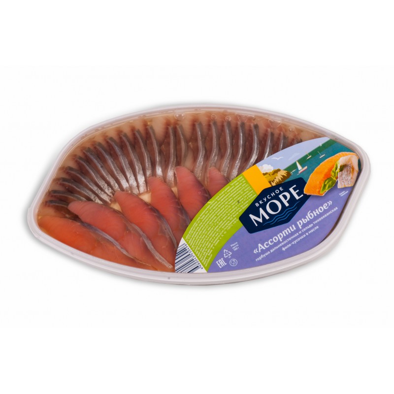 Ассорти горбуша, сельдь филе-кусочки в масле Рыба-меч 200 г